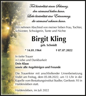 Traueranzeige von Birgit Kling (geb. Schmidt)  von Magdeburger Volksstimme
