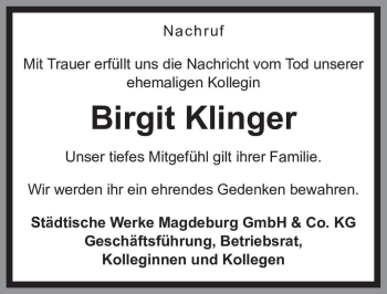 Traueranzeige von Birgit Klinger  von Magdeburger Volksstimme