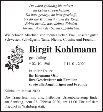 Traueranzeige von Birgit Kohlmann (geb. Jeding)  von Magdeburger Volksstimme