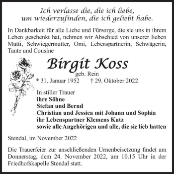 Traueranzeige von Birgit Koss (geb. Rein)  von Magdeburger Volksstimme