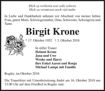 Traueranzeige von Birgit Krone  von Magdeburger Volksstimme