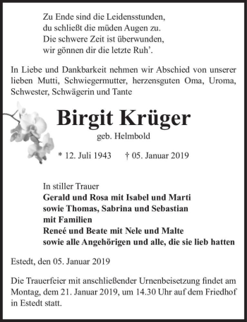 Traueranzeige von Birgit Krüger (geb. Helmbold)  von Magdeburger Volksstimme