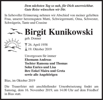 Traueranzeige von Birgit Kunikowski (geb. Donner)  von Magdeburger Volksstimme