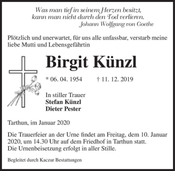 Traueranzeige von Birgit Künzl  von Magdeburger Volksstimme