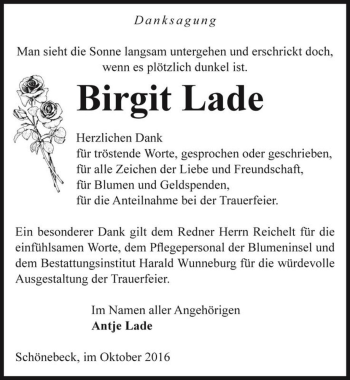 Traueranzeige von Birgit Lade  von Magdeburger Volksstimme