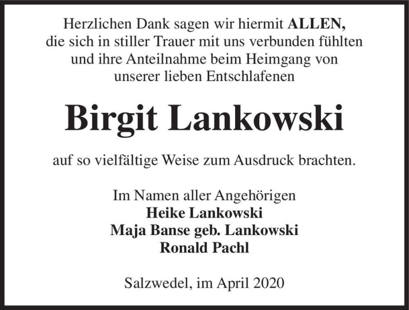  Traueranzeige für Birgit Lankowski  vom 02.05.2020 aus Magdeburger Volksstimme