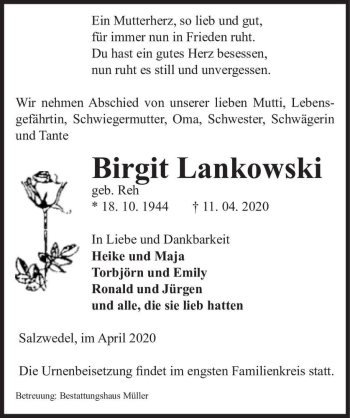 Traueranzeige von Birgit Lankowski (geb. Reh)  von Magdeburger Volksstimme