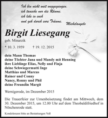 Traueranzeige von Birgit Liesegang (geb. Minarzik)  von Magdeburger Volksstimme