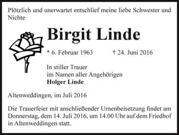 Traueranzeige von Birgit Linde  von Magdeburger Volksstimme