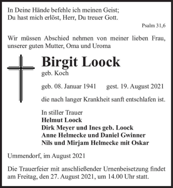 Traueranzeige von Birgit Loock (geb. Koch)  von Magdeburger Volksstimme
