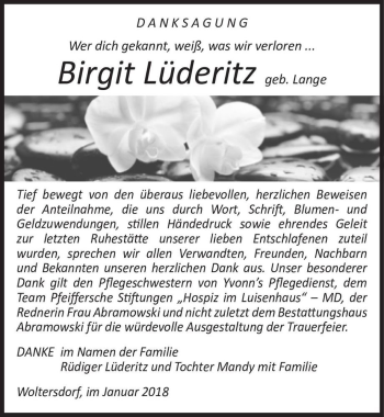 Traueranzeige von Birgit Lüderitz (geb. Lange)  von Magdeburger Volksstimme