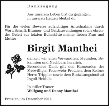 Traueranzeige von Birgit Manthei  von Magdeburger Volksstimme