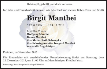 Traueranzeige von Birgit Manthei  von Magdeburger Volksstimme