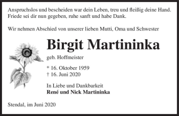 Traueranzeige von Birgit Martininka (geb. Hoffmeister)  von Magdeburger Volksstimme