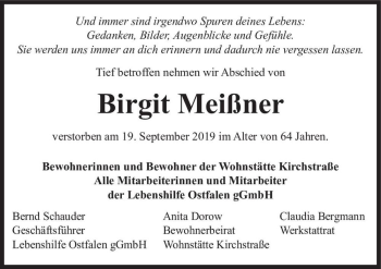 Traueranzeige von Birgit Meißner  von Magdeburger Volksstimme