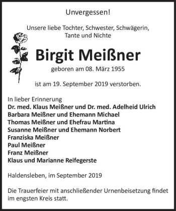 Traueranzeige von Birgit Meißner  von Magdeburger Volksstimme