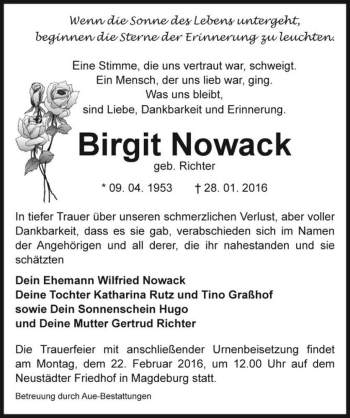 Traueranzeige von Birgit Nowack (geb. Richter)  von Magdeburger Volksstimme