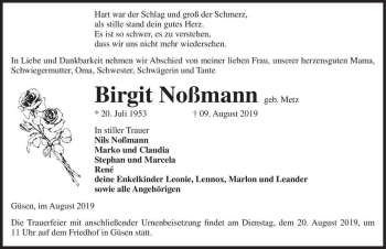 Traueranzeige von Birgit Noßmann (geb. Metz)  von Magdeburger Volksstimme