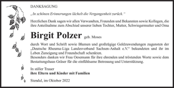 Traueranzeige von Birgit Polzer (geb. Moses)  von Magdeburger Volksstimme