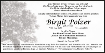 Traueranzeige von Birgit Polzer (geb. Moses)  von Magdeburger Volksstimme
