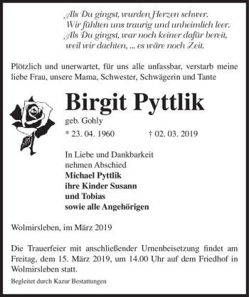 Traueranzeige von Birgit Pyttlik (geb. Gohly)  von Magdeburger Volksstimme