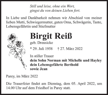 Traueranzeige von Birgit Reiß (geb. Dreusicke)  von Magdeburger Volksstimme
