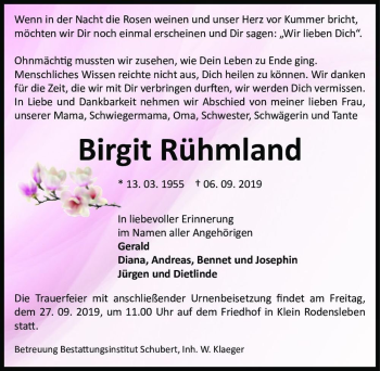 Traueranzeige von Birgit Rühmland  von Magdeburger Volksstimme