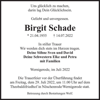 Traueranzeige von Birgit Schade  von Magdeburger Volksstimme