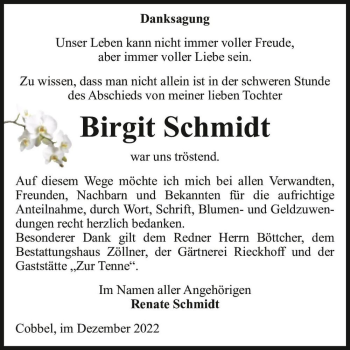 Traueranzeige von Birgit Schmidt  von Magdeburger Volksstimme