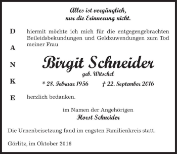 Traueranzeige von Birgit Schneider (geb. Witschel)  von Magdeburger Volksstimme