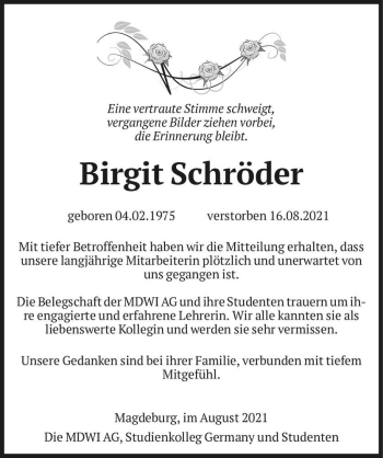 Traueranzeige von Birgit Schröder  von Magdeburger Volksstimme