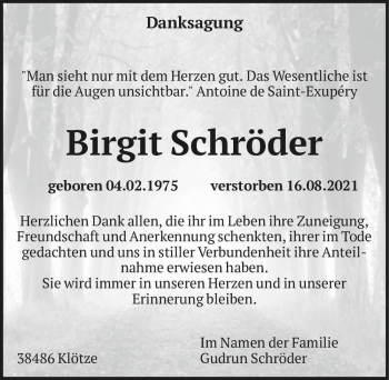 Traueranzeige von Birgit Schröder  von Magdeburger Volksstimme