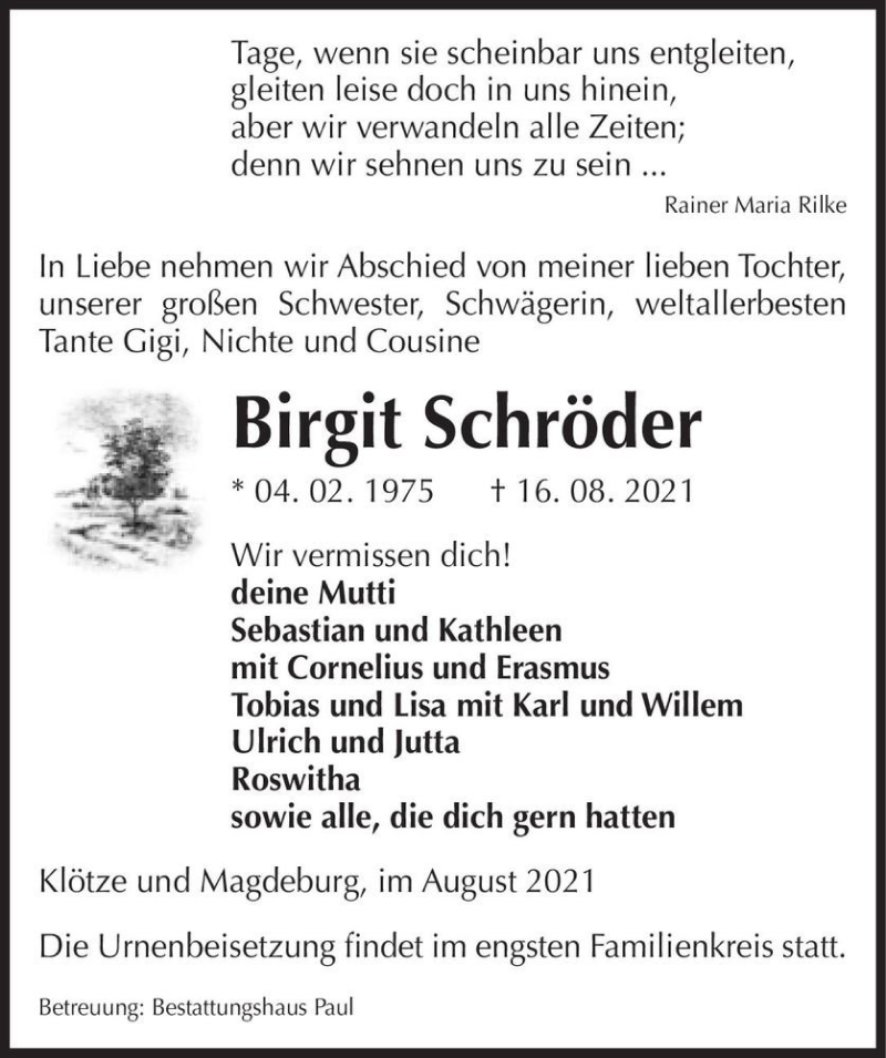  Traueranzeige für Birgit Schröder  vom 20.08.2021 aus Magdeburger Volksstimme