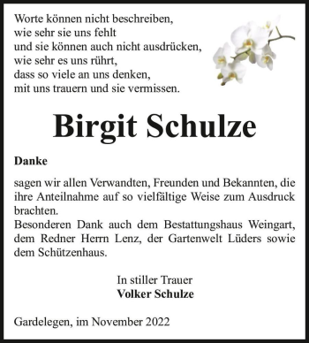 Traueranzeige von Birgit Schulze  von Magdeburger Volksstimme