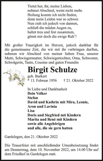 Traueranzeige von Birgit Schulze (geb. Burkert)  von Magdeburger Volksstimme
