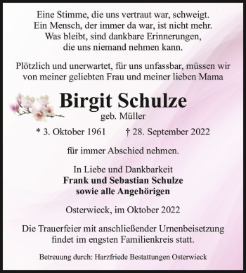 Traueranzeige von Birgit Schulze (geb. Müller)  von Magdeburger Volksstimme