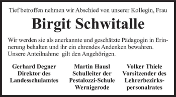 Traueranzeige von Birgit Schwitalle  von Magdeburger Volksstimme