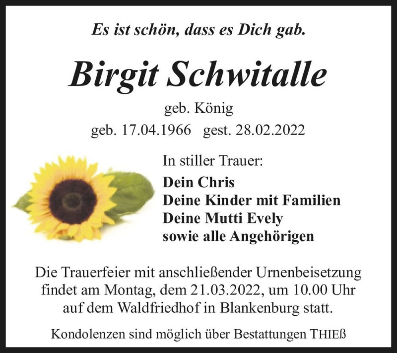  Traueranzeige für Birgit Schwitalle (geb. König)  vom 05.03.2022 aus Magdeburger Volksstimme