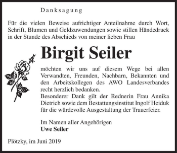 Traueranzeige von Birgit Seiler  von Magdeburger Volksstimme