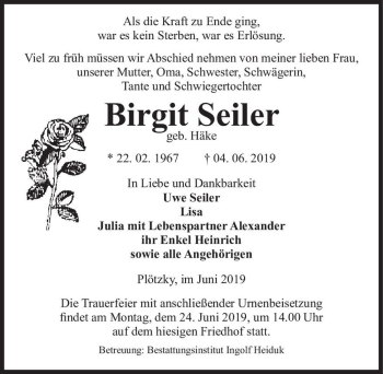 Traueranzeige von Birgit Seiler (geb. Häke)  von Magdeburger Volksstimme