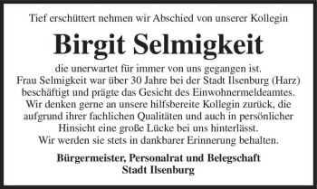 Traueranzeige von Birgit Selmigkeit  von Magdeburger Volksstimme