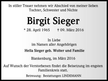Traueranzeige von Birgit Sieger  von Magdeburger Volksstimme