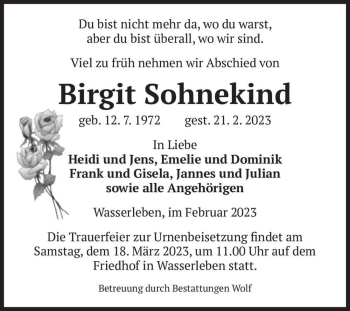 Traueranzeige von Birgit Sohnekind  von Magdeburger Volksstimme