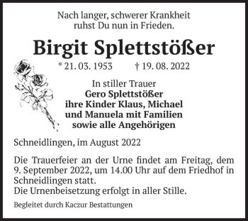 Traueranzeige von Birgit Splettstößer  von Magdeburger Volksstimme