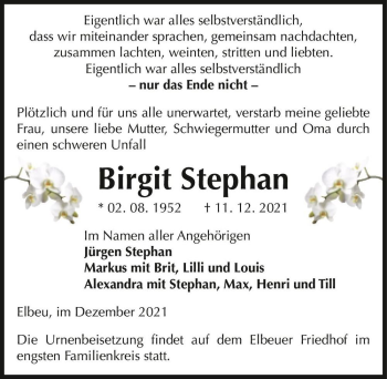Traueranzeige von Birgit Stephan  von Magdeburger Volksstimme
