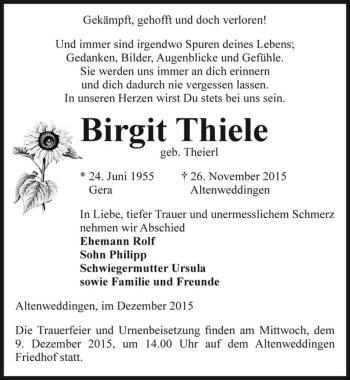 Traueranzeige von Birgit Thiele (geb. Theierl)  von Magdeburger Volksstimme