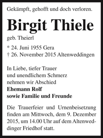 Traueranzeige von Birgit Thiele (geb. Theierl)  von Magdeburger Volksstimme