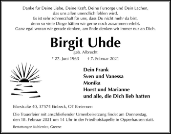Traueranzeige von Birgit Uhde (geb. Albrecht)  von Magdeburger Volksstimme
