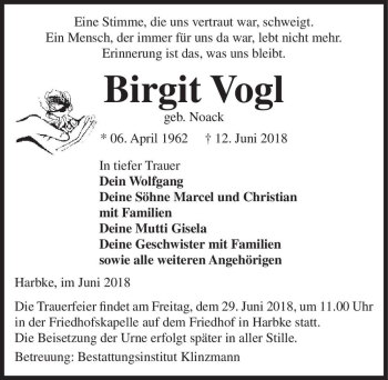 Traueranzeige von Birgit Vogel (geb. Noack)  von Magdeburger Volksstimme