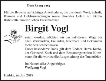 Traueranzeige von Birgit Vogl  von Magdeburger Volksstimme